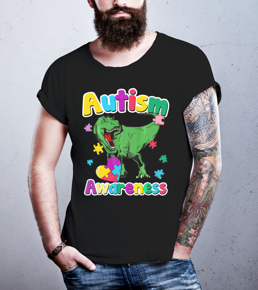 Autism Awareness Colorful Puzzle Tyrannosaurus T-Shirt