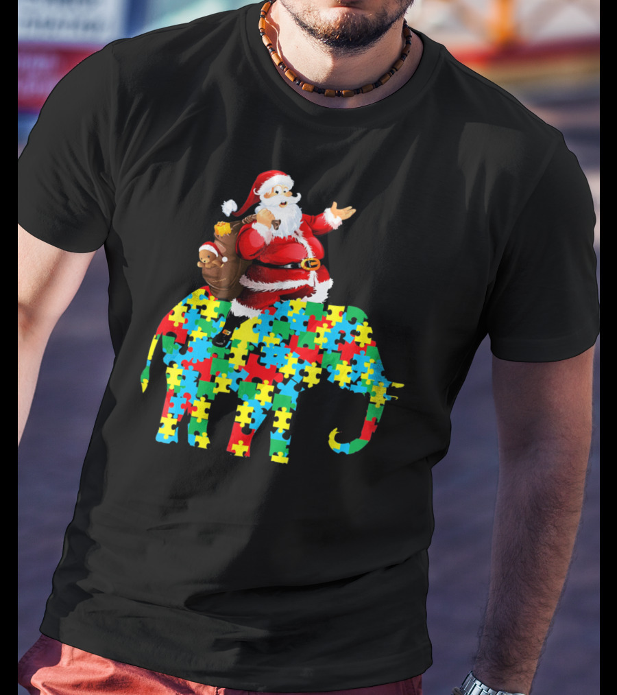 Santa Claus Riding Puzzle Piece Elephant Christmas Autism T-Shirt