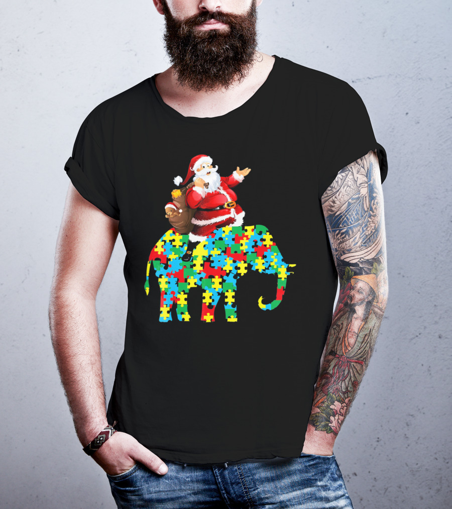 Santa Claus Riding Puzzle Piece Elephant Christmas Autism T-Shirt