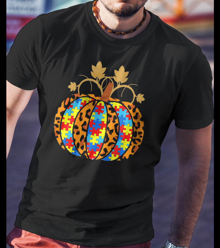 Autism Awareness Puzzle Pieces Leopard Print Pumpkin T-Shirt