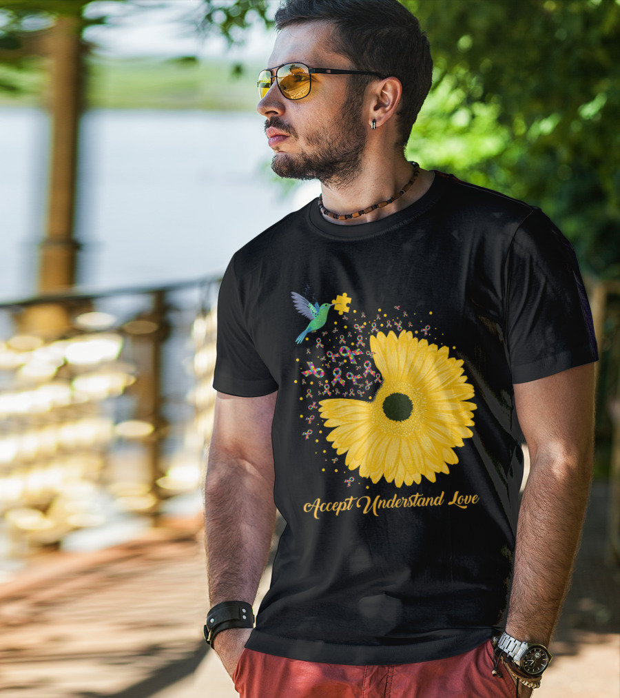 Sunflower Accept Understand Love Puzzle Piece Hummingbird Autism Awareness T-Shirt