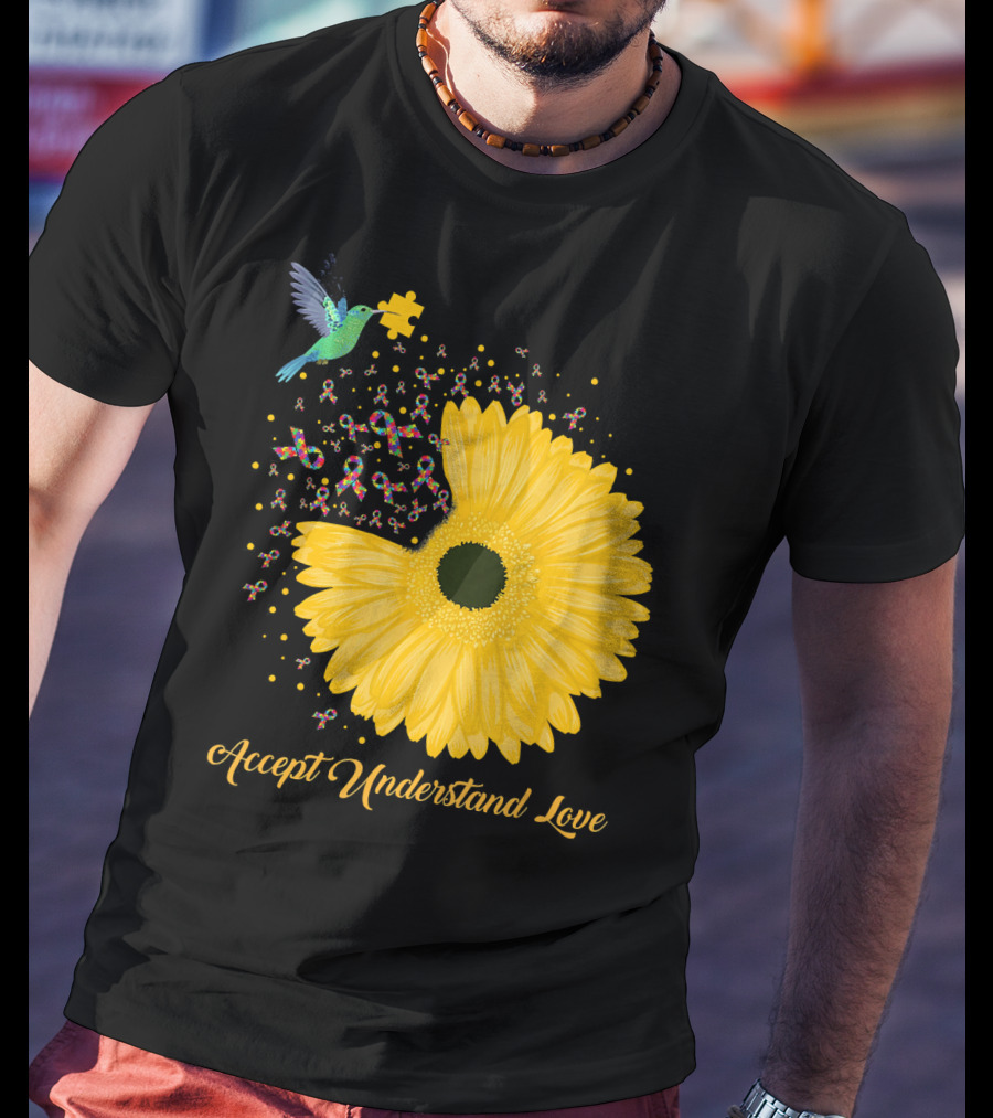 Sunflower Accept Understand Love Puzzle Piece Hummingbird Autism Awareness T-Shirt