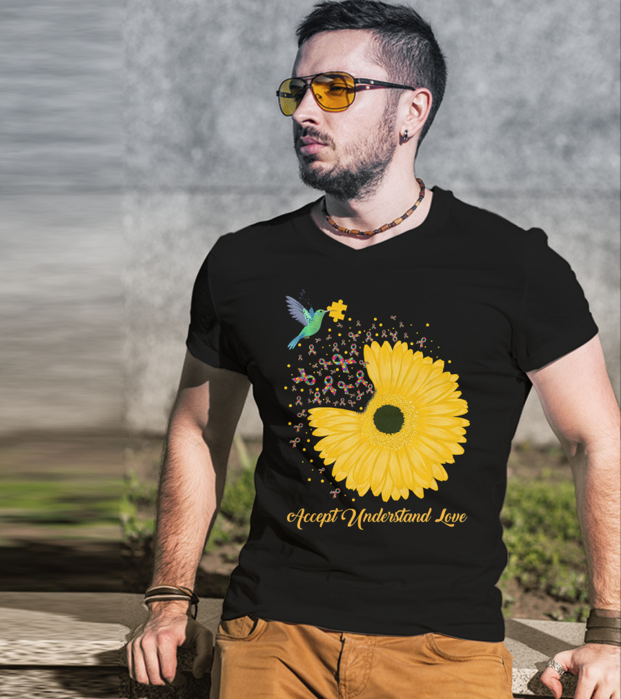 Sunflower Accept Understand Love Puzzle Piece Hummingbird Autism Awareness T-Shirt