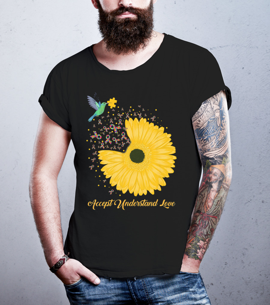 Sunflower Accept Understand Love Puzzle Piece Hummingbird Autism Awareness T-Shirt