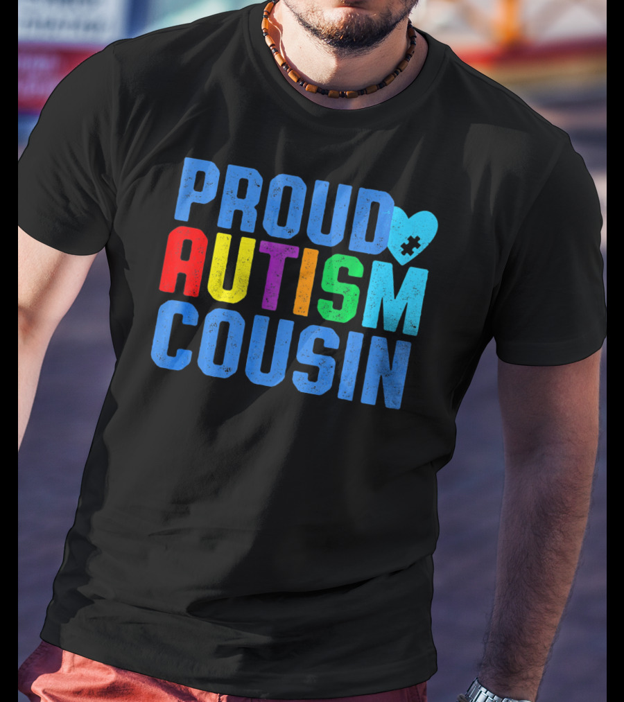 Proud Autism Cousin Family Support Rainbow Puzzle Heart T-Shirt