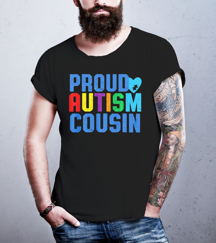 Proud Autism Cousin Family Support Rainbow Puzzle Heart T-Shirt