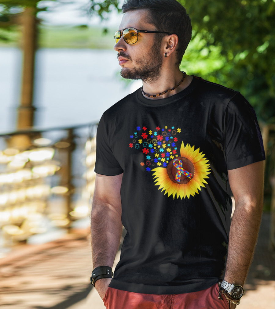 Sunflower Autism Awareness Ribbon With Colorful Puzzle Pieces T-Shirt