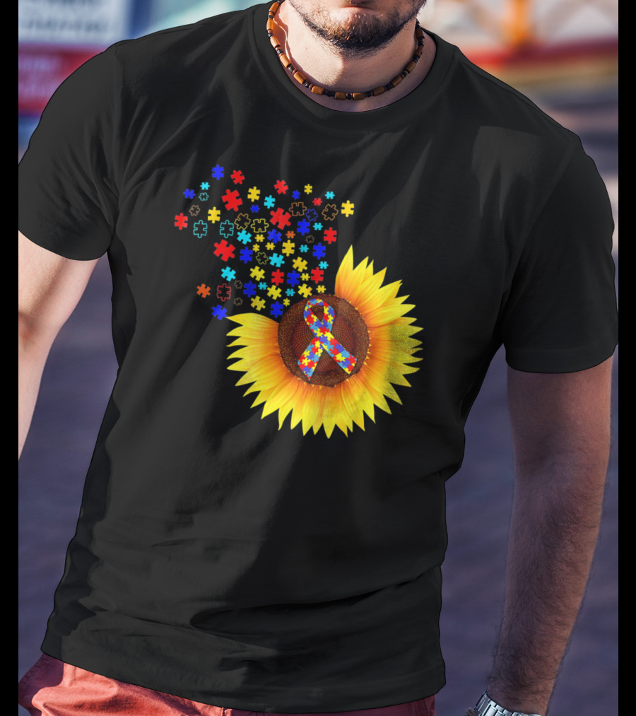 Sunflower Autism Awareness Ribbon With Colorful Puzzle Pieces T-Shirt