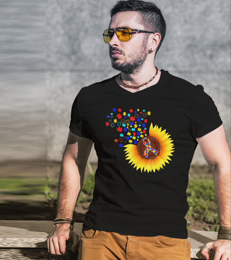 Sunflower Autism Awareness Ribbon With Colorful Puzzle Pieces T-Shirt