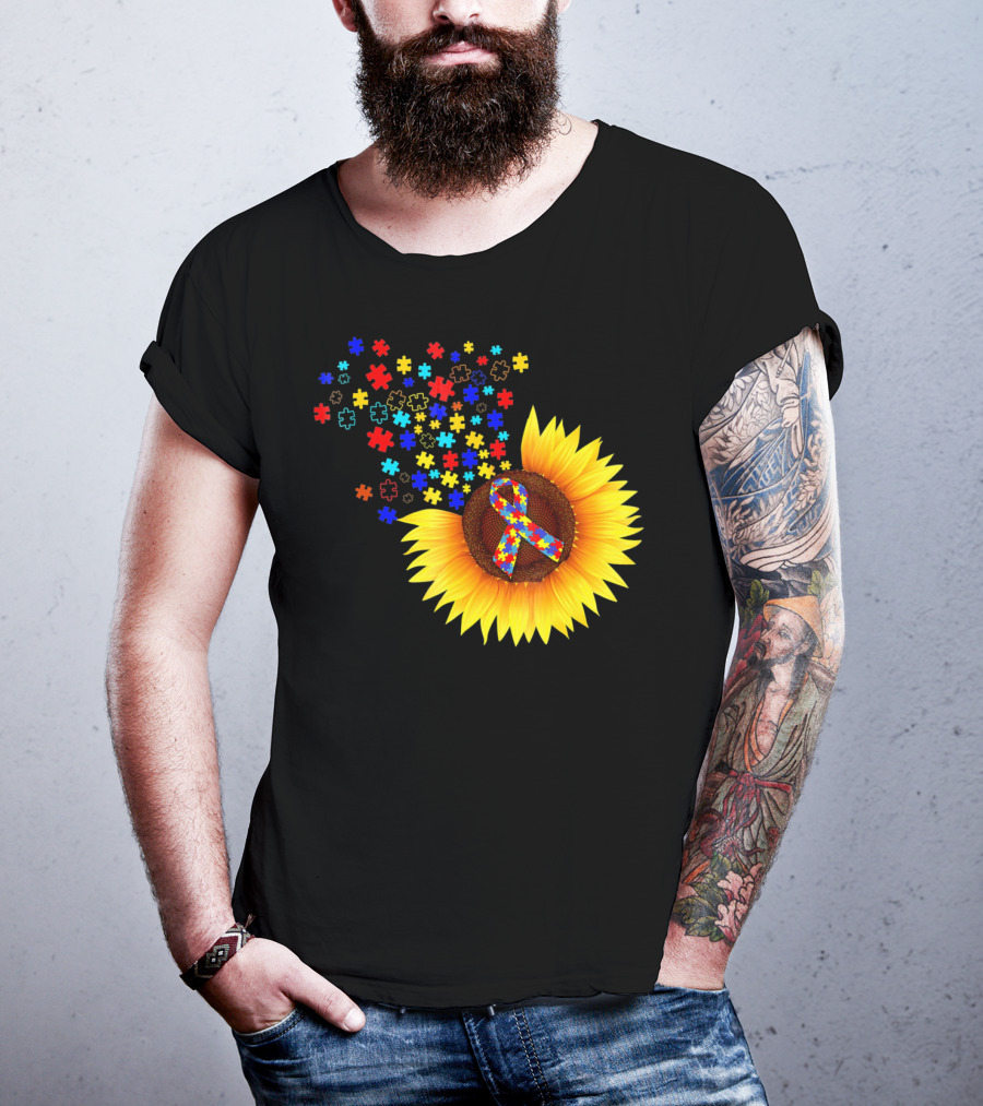 Sunflower Autism Awareness Ribbon With Colorful Puzzle Pieces T-Shirt