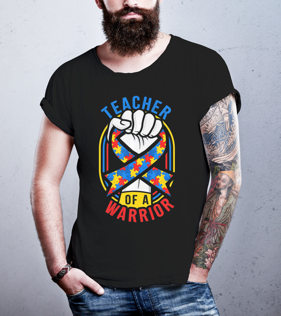 Teacher Of A Warrior Autism Awareness Puzzle Ribbon Fist T-Shirt