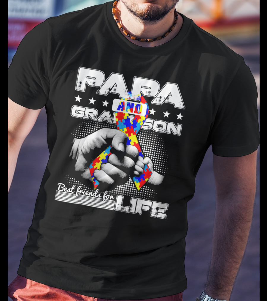 Papa And Grandson Best Friends For Life Puzzle Ribbon Hands T-Shirt