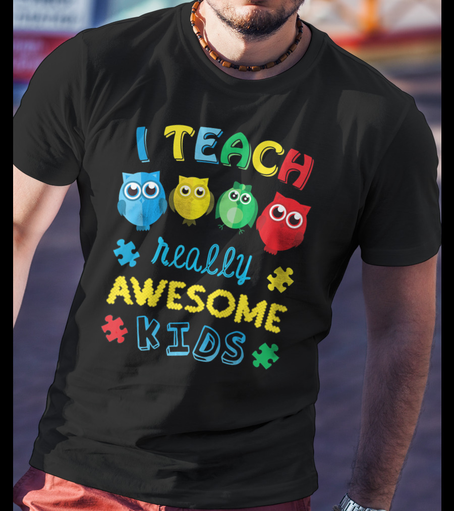 I Teach Really Awesome Kids Autism Teacher Awareness Cute Owl T-Shirt