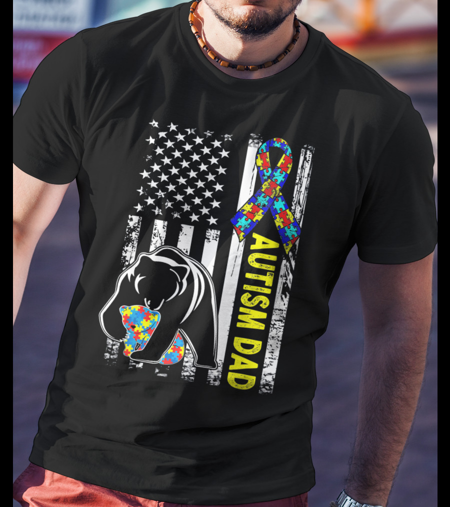 Autism Dad Awareness Bear American Flag Puzzle T-Shirt