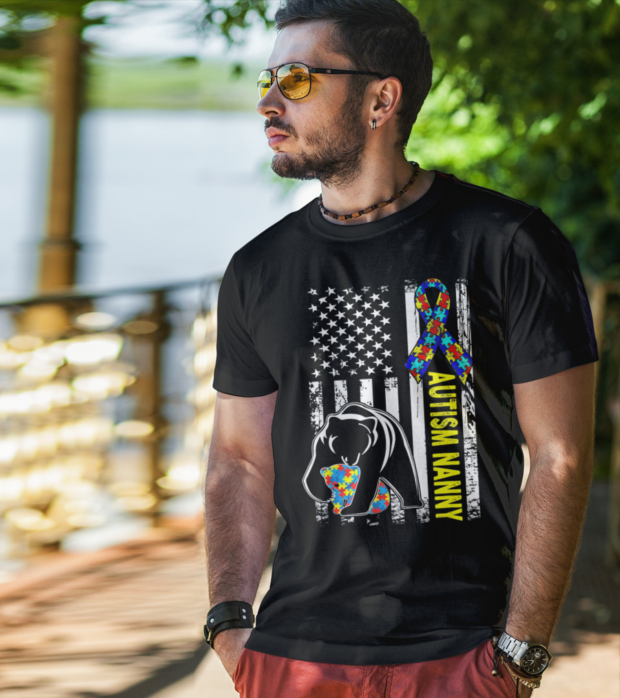 Autism Nanny Puzzle Ribbon Bear American Flag Awareness T-Shirt