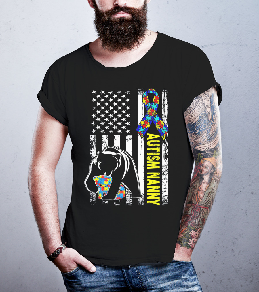 Autism Nanny Puzzle Ribbon Bear American Flag Awareness T-Shirt