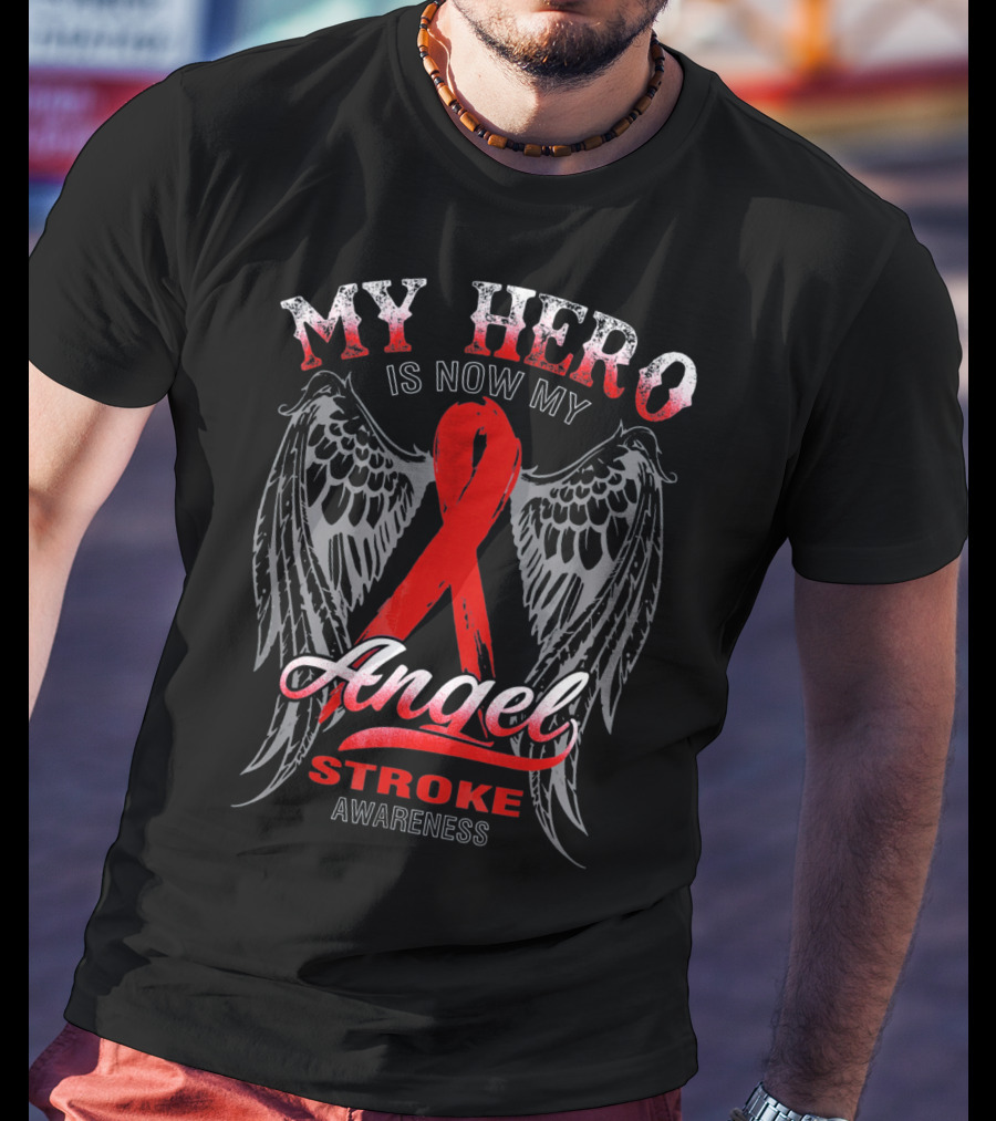 My Hero Is Now My Angel Stroke Awareness Wings Red Ribbon T-Shirt