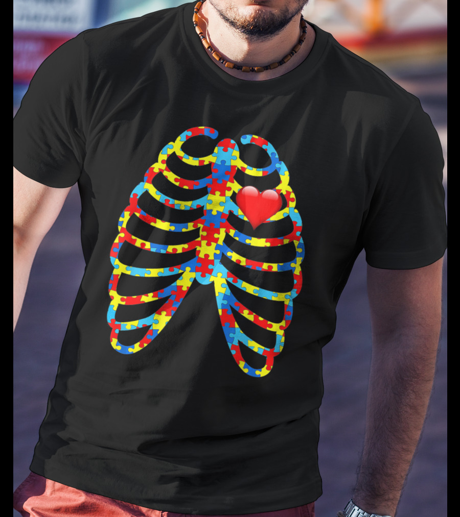 Colorful Puzzle Skeleton Rib Cage Autism Awareness Heart T-Shirt