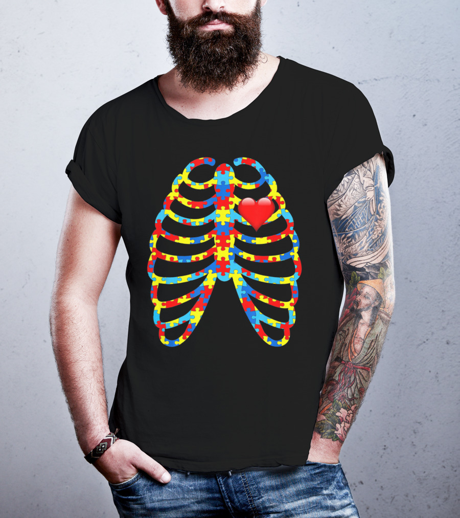 Colorful Puzzle Skeleton Rib Cage Autism Awareness Heart T-Shirt