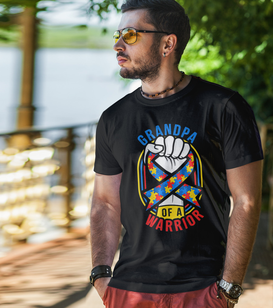 Grandpa Of A Warrior Autism Awareness Puzzle Ribbon Fist T-Shirt