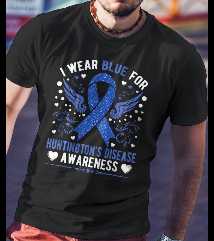I Wear Blue For Huntington's Disease Awareness Ribbon Wings Hearts T-Shirt