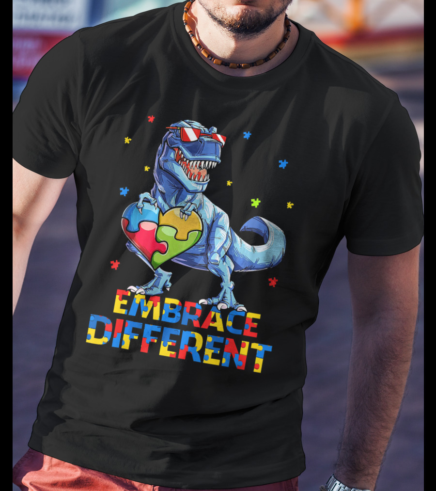 T Rex Embrace Different Autism Awareness Puzzle Heart T-Shirt