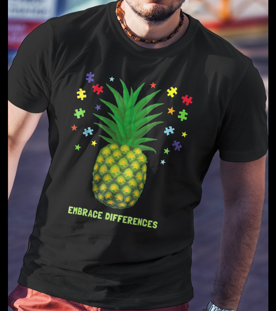 Embrace Differences Autism Awareness Beach Pineapple Puzzle Pieces T-Shirt
