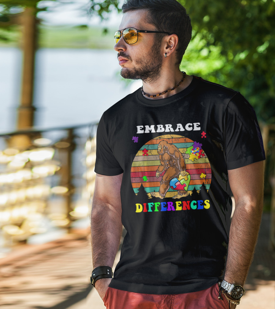 Embrace Differences Autism Awareness Bigfoot With Puzzle Pieces T-Shirt