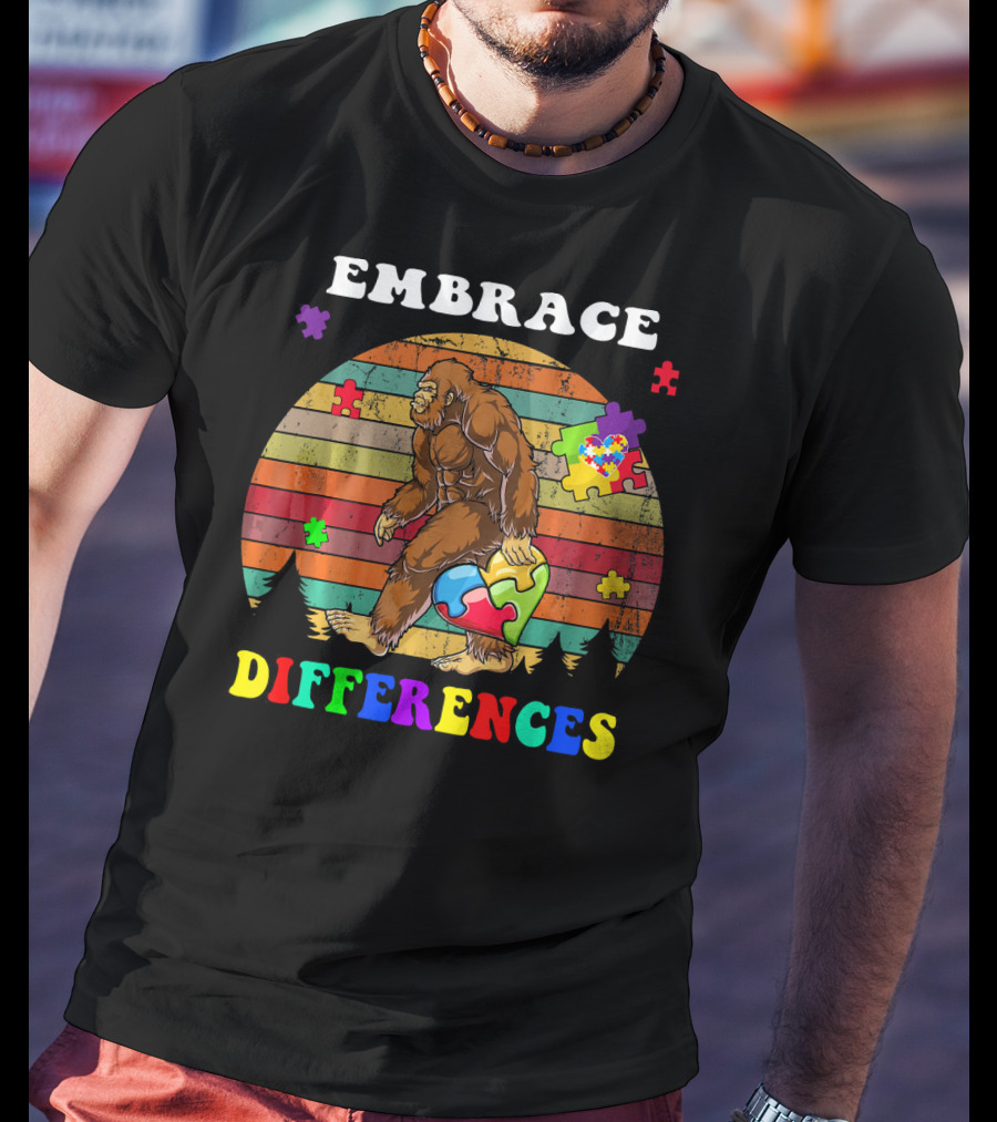 Embrace Differences Autism Awareness Bigfoot With Puzzle Pieces T-Shirt