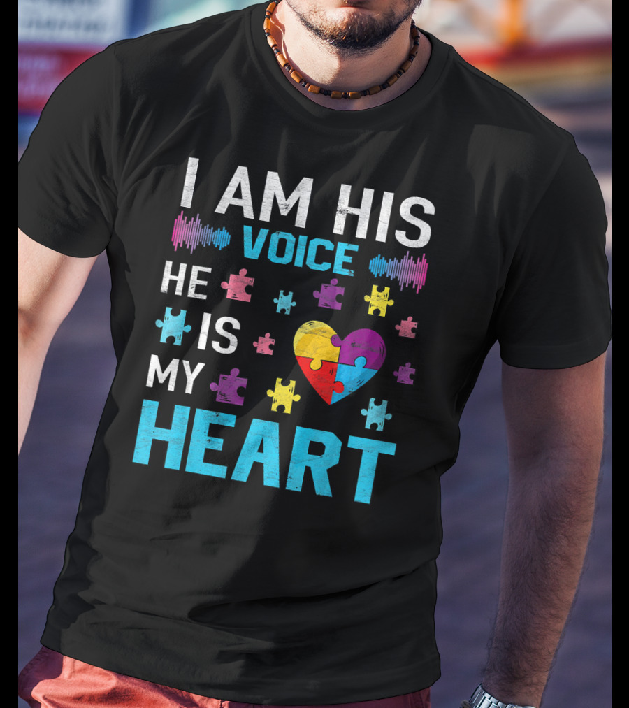 I Am His Voice He Is My Heart Puzzle Heart Autism Awareness T-Shirt
