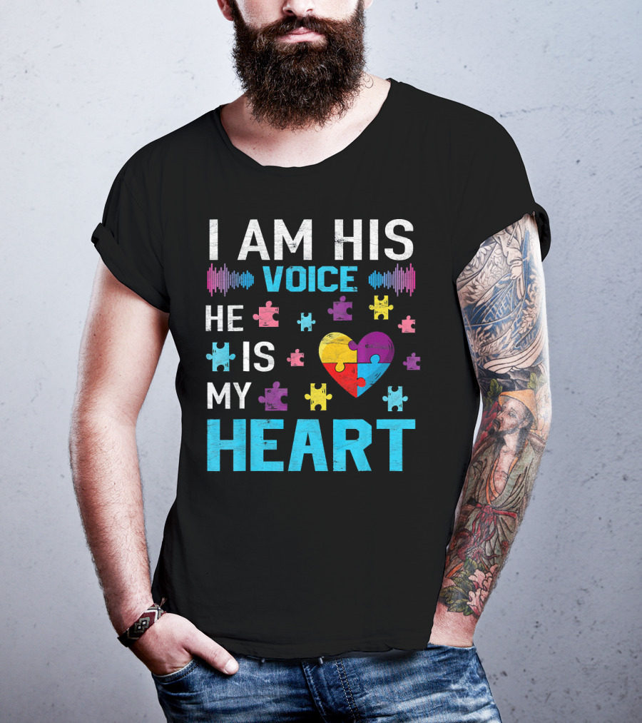 I Am His Voice He Is My Heart Puzzle Heart Autism Awareness T-Shirt