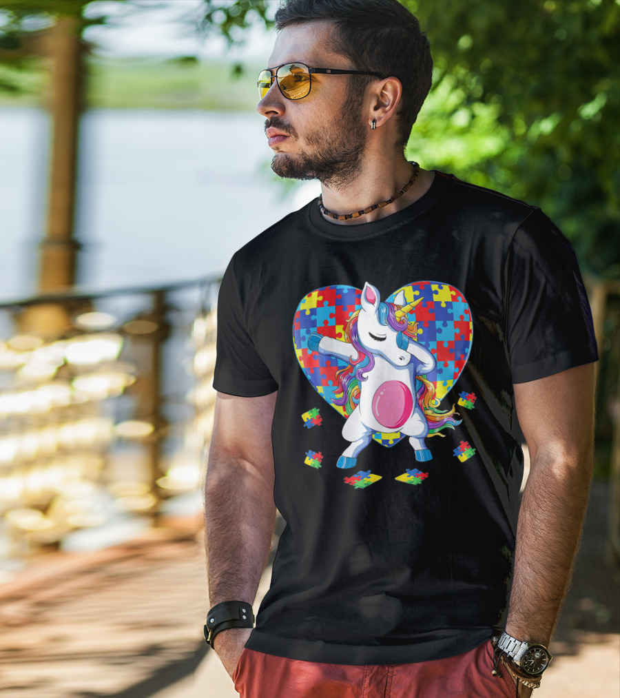 Dabbing Unicorn With Autism Awareness Puzzle Heart T-Shirt