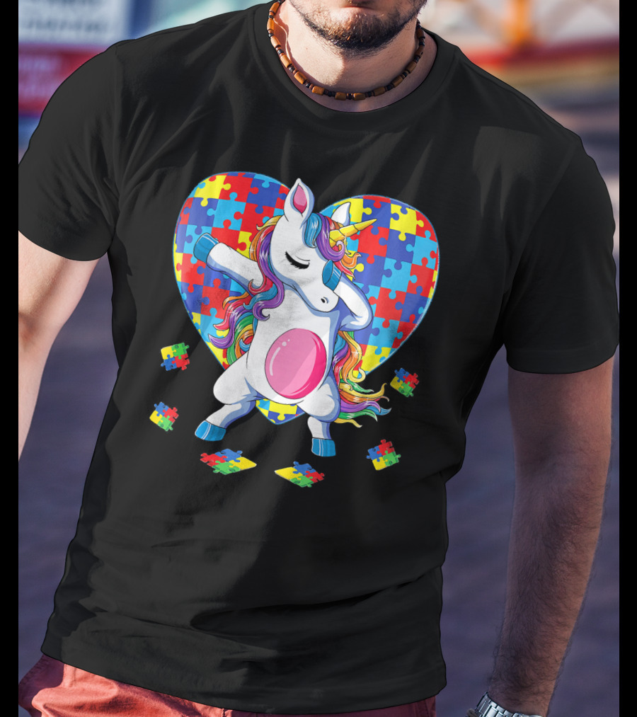 Dabbing Unicorn With Autism Awareness Puzzle Heart T-Shirt