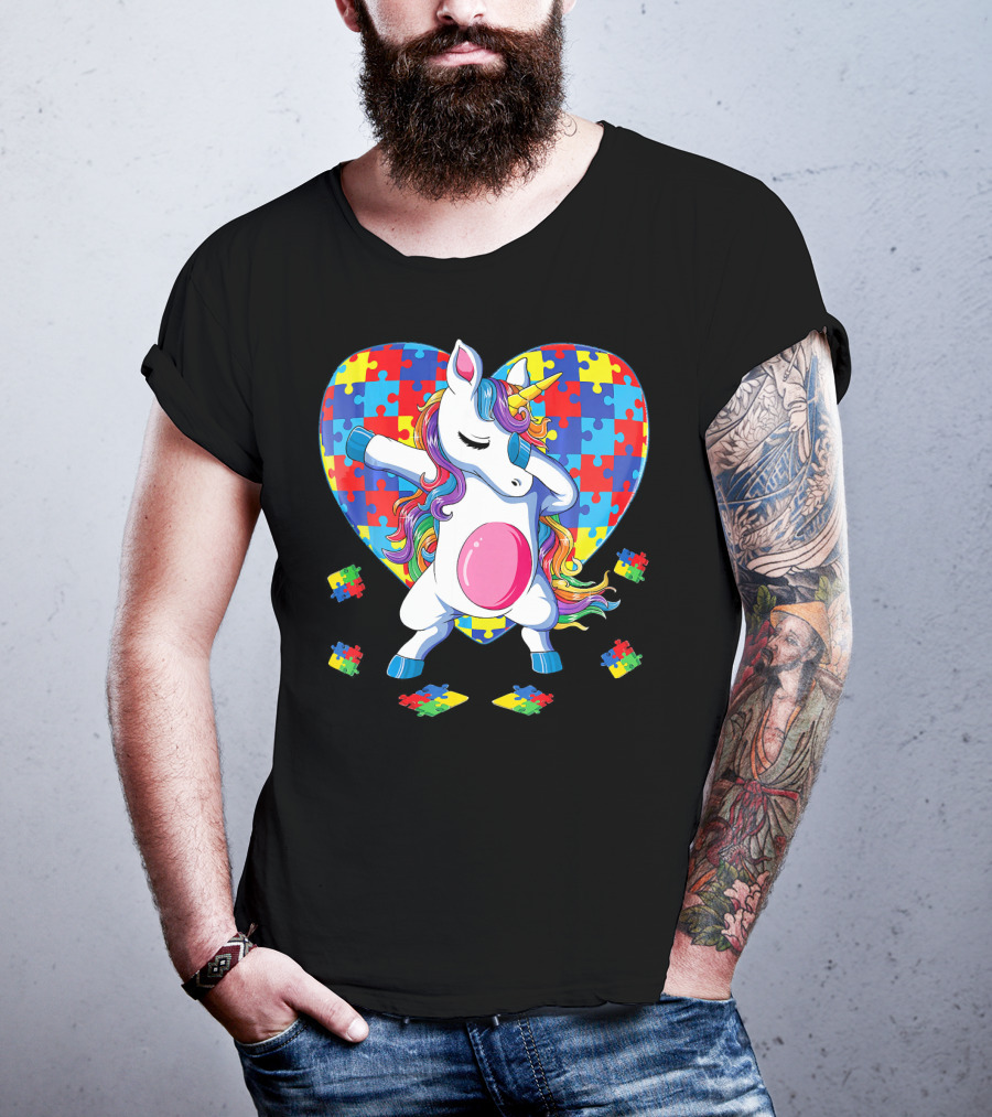 Dabbing Unicorn With Autism Awareness Puzzle Heart T-Shirt