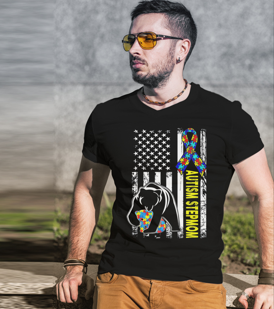 Autism Stepmom Bear American Flag Puzzle T-Shirt