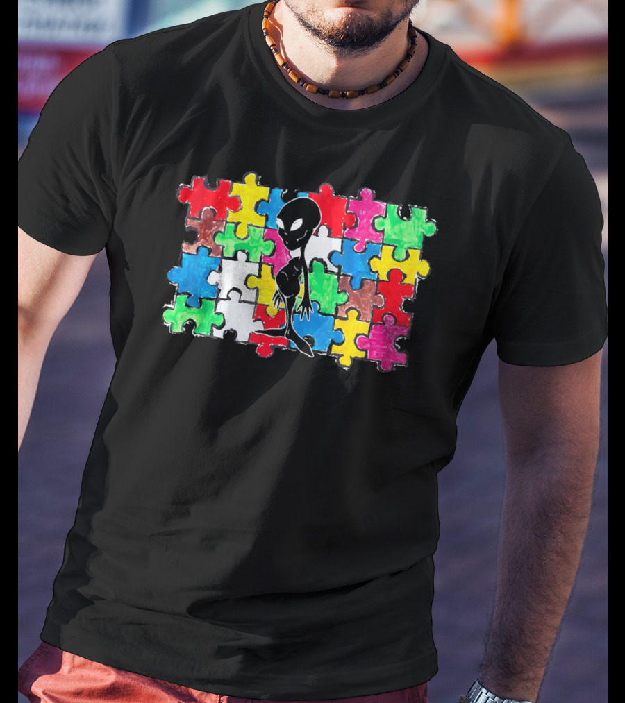 Alien UFO Autism Awareness Puzzle Piece T-Shirt