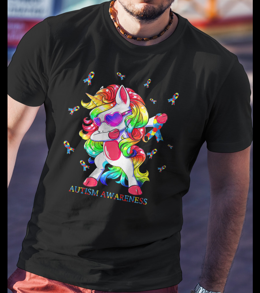 Autism Awareness Dabbing Unicorn Puzzle Ribbon T-Shirt