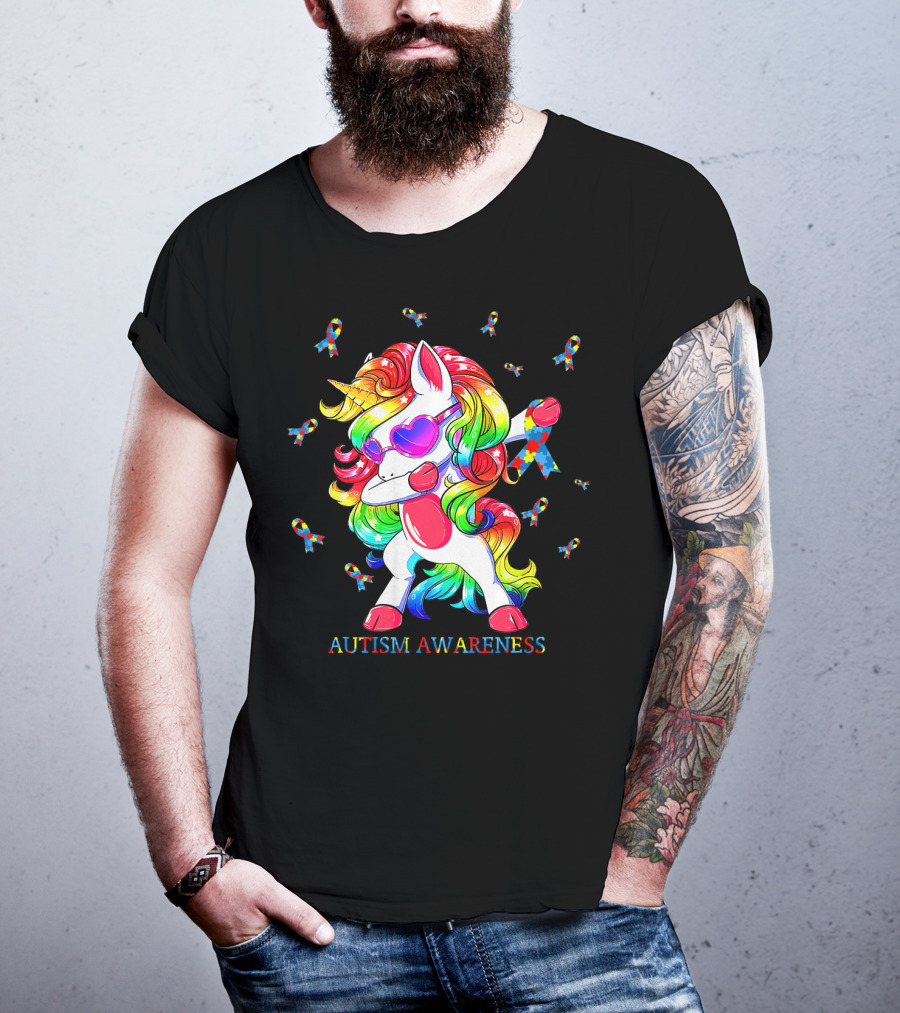 Autism Awareness Dabbing Unicorn Puzzle Ribbon T-Shirt
