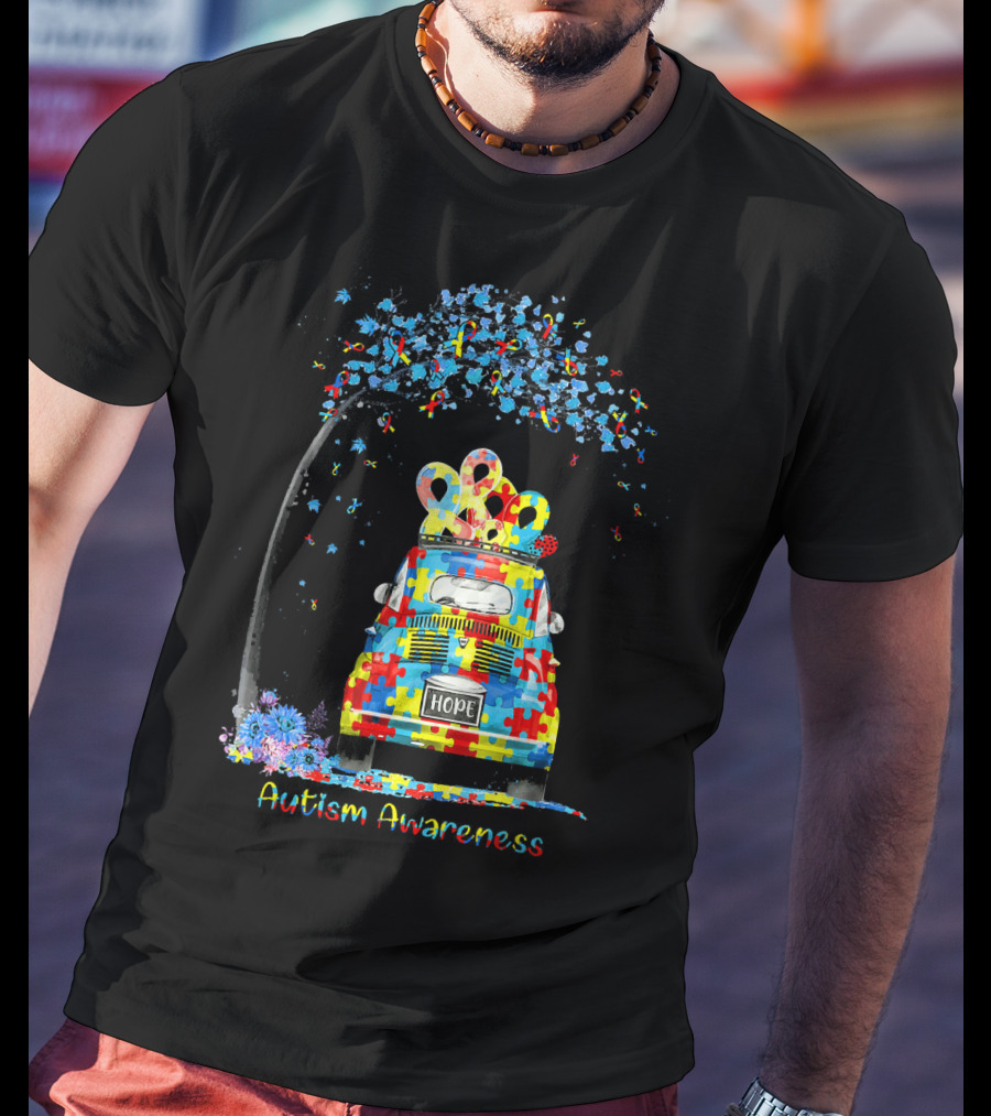 HOPE Hippie Van Puzzle Pieces Ribbon Autism Awareness T-Shirt