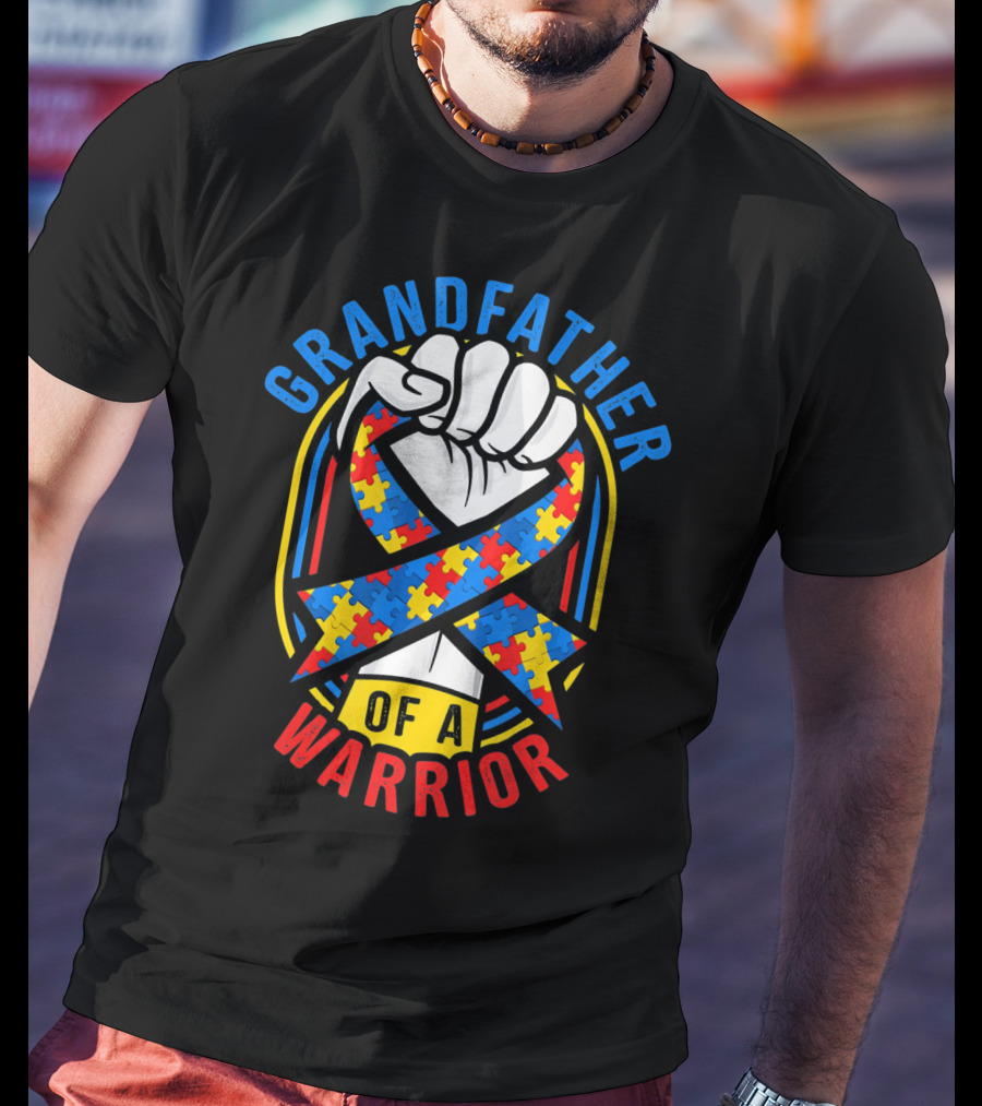 Grandfather Of A Warrior Autism Awareness Puzzle T-Shirt