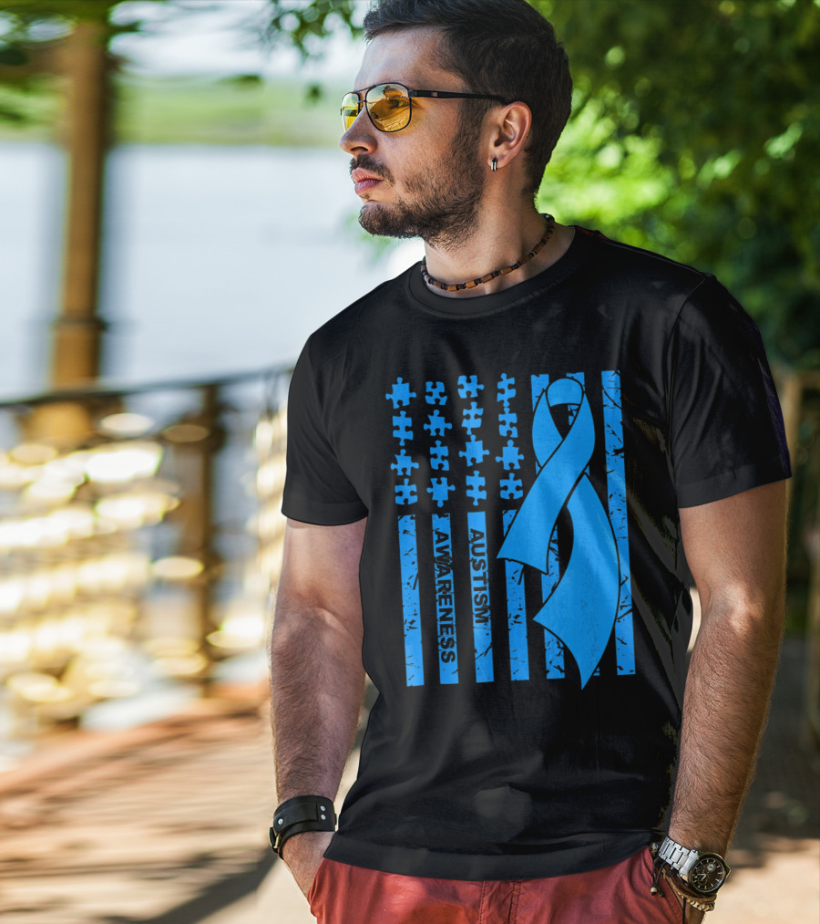 Autism Awareness Flag With Puzzle Pieces And Blue T-Shirt