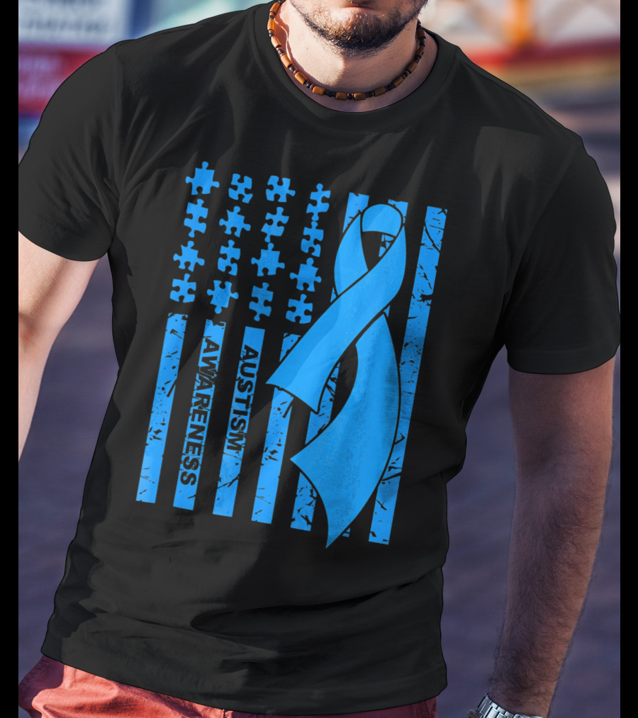 Autism Awareness Flag With Puzzle Pieces And Blue T-Shirt