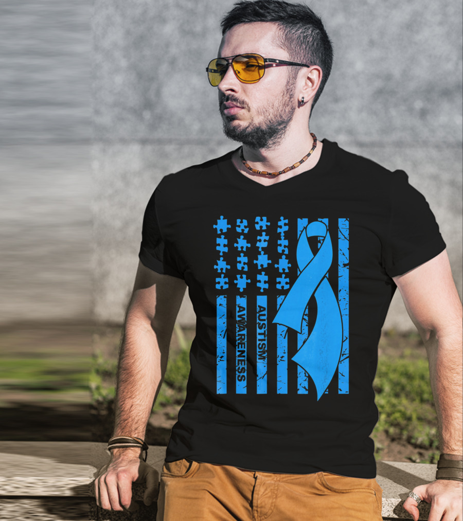 Autism Awareness Flag With Puzzle Pieces And Blue T-Shirt