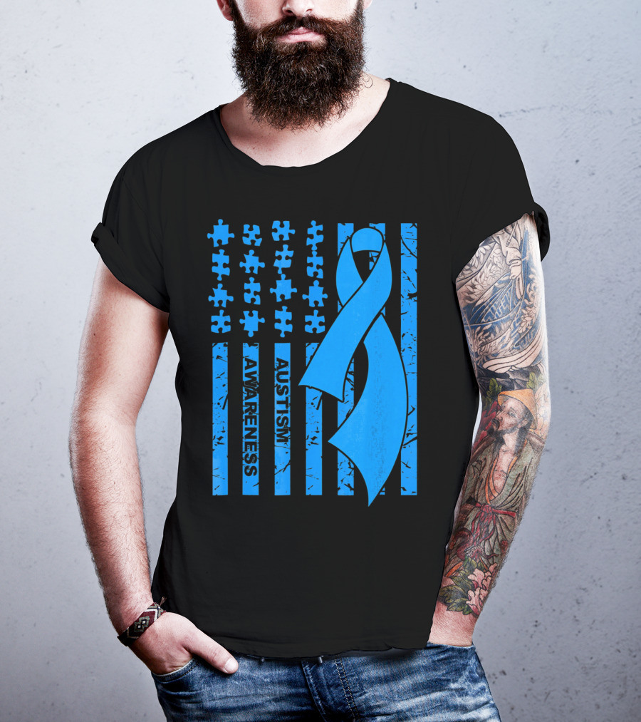 Autism Awareness Flag With Puzzle Pieces And Blue T-Shirt