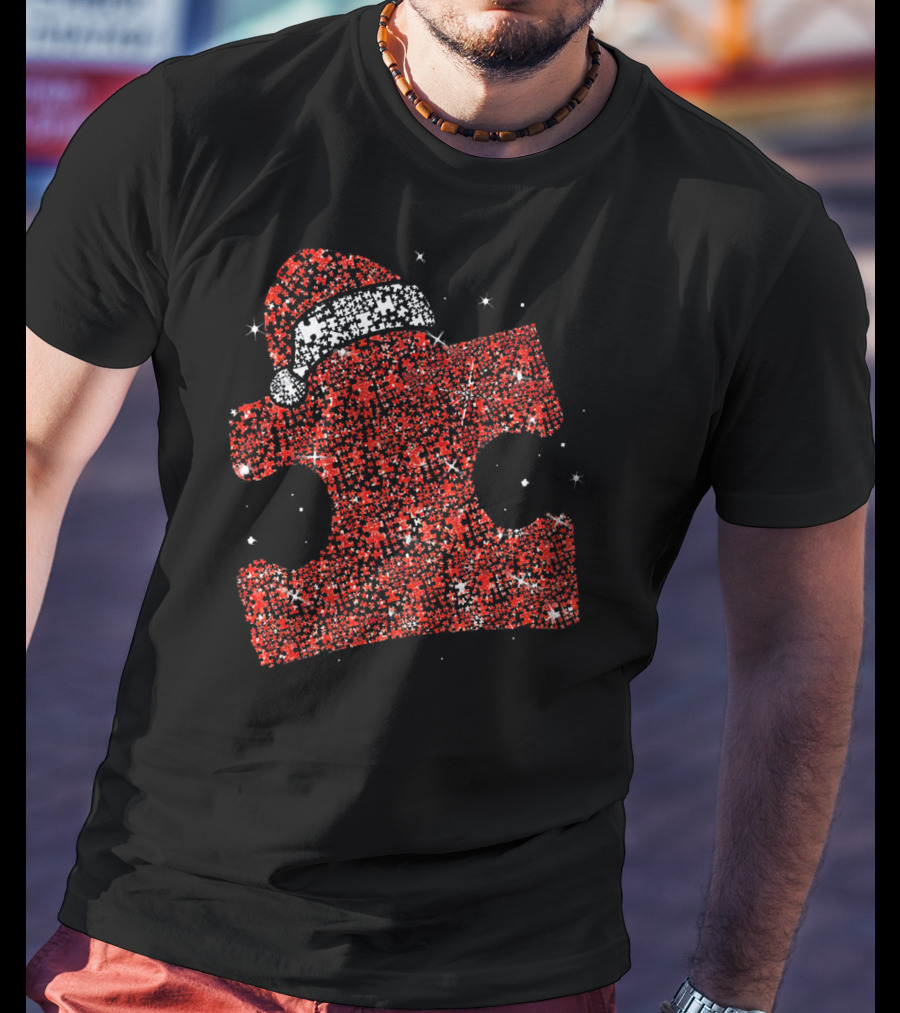 Autism Awareness Xmas Christmas Puzzle Piece With Santa Hat T-Shirt