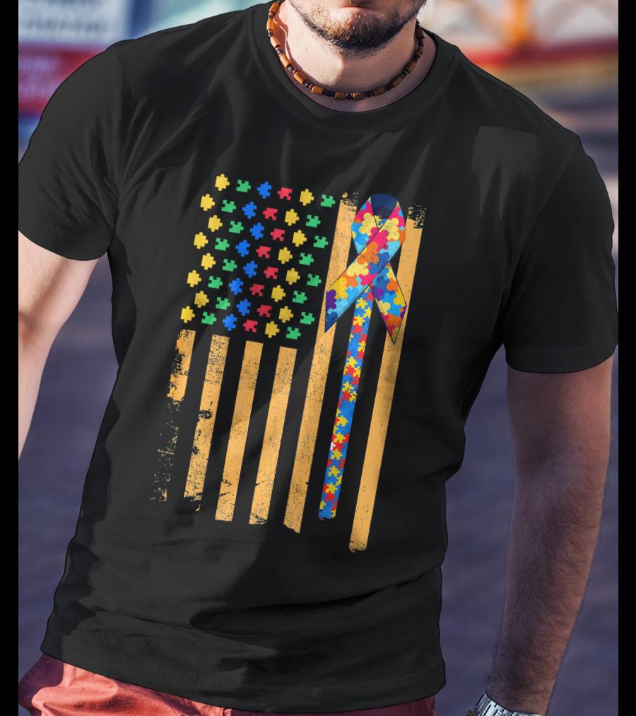 Autism Awareness Day American Flag Puzzle Ribbon T-Shirt