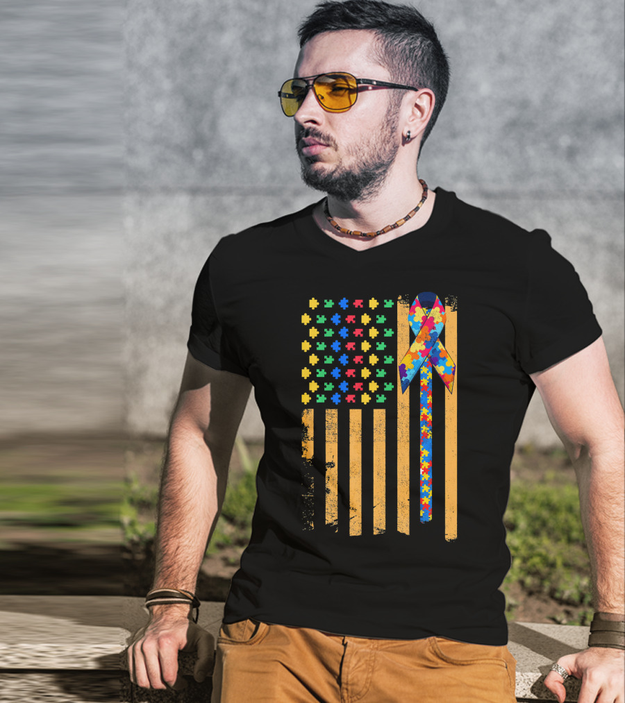 Autism Awareness Day American Flag Puzzle Ribbon T-Shirt