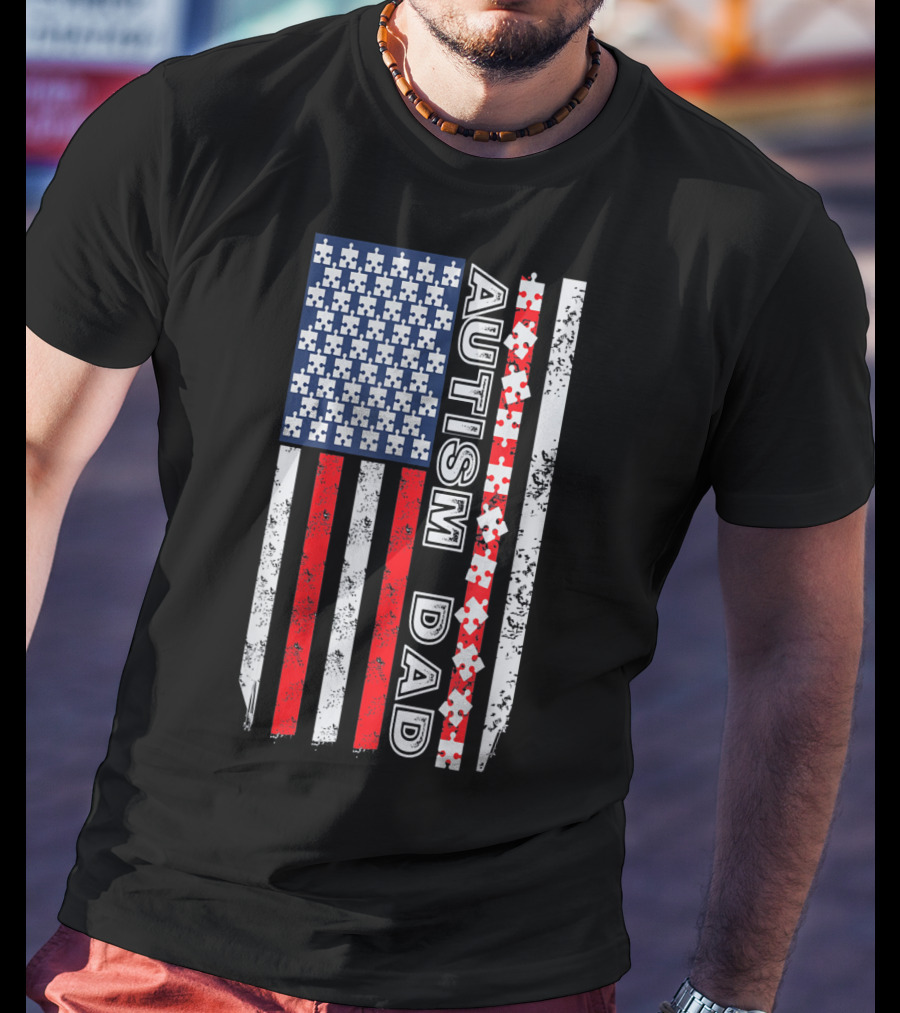 Mens Autism Dad American Flag Puzzle Piece Awareness T-Shirt