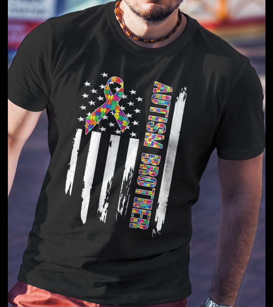 Autism Brother American Flag Puzzle Ribbon Stars Stripes T-Shirt