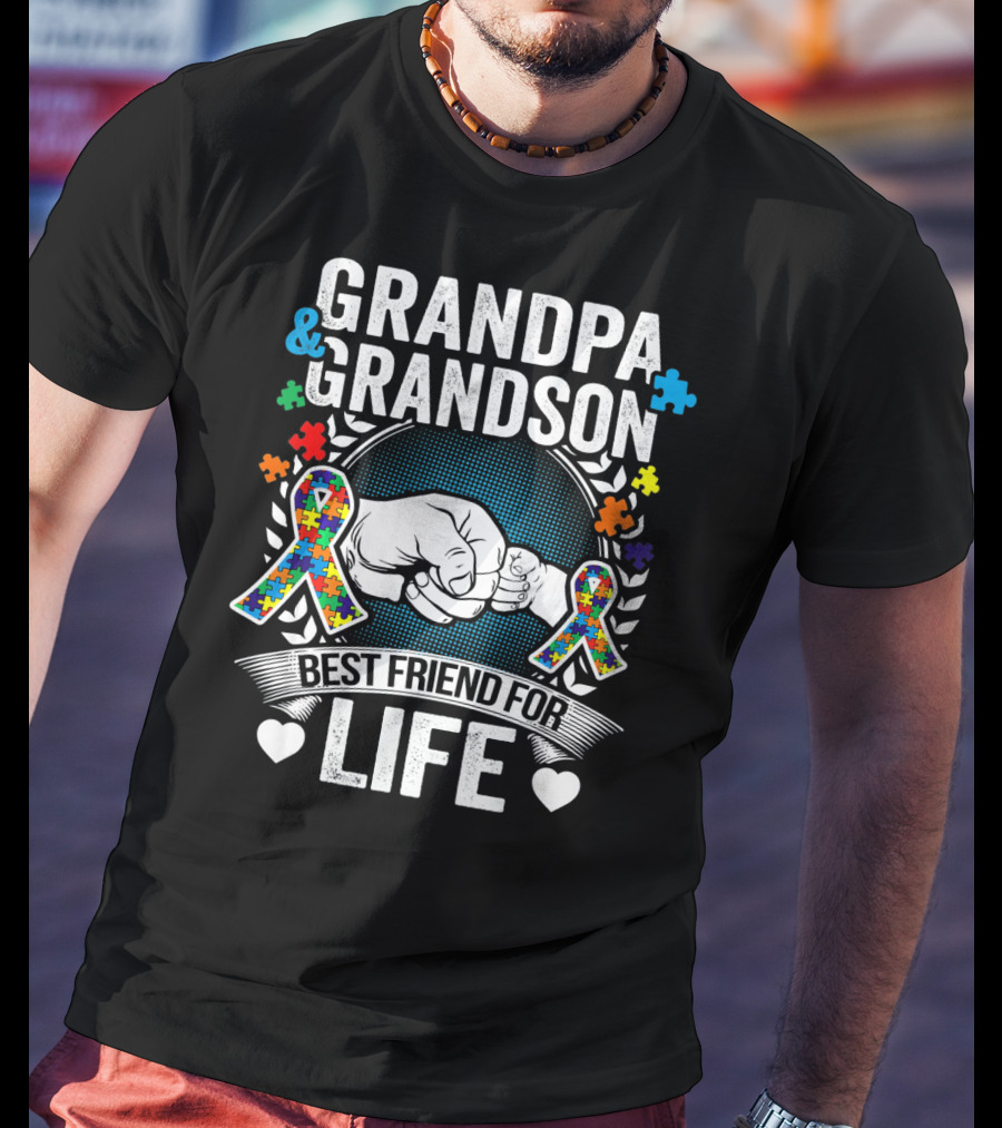 Grandpa And Grandson Best Friend For Life Autism Awareness Fist Bump Puzzle T-Shirt